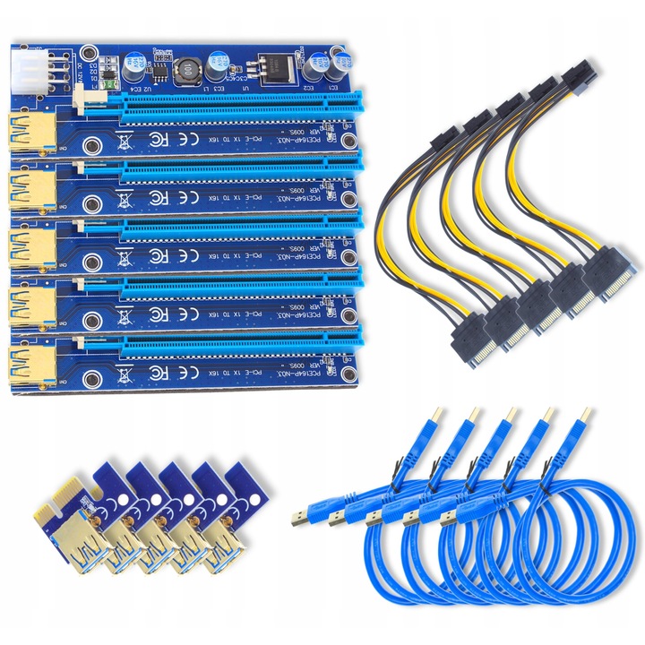 Set 5x Riser PCI-E 1x-16x USB 3.0, Cmd, lungime cablu 60cm