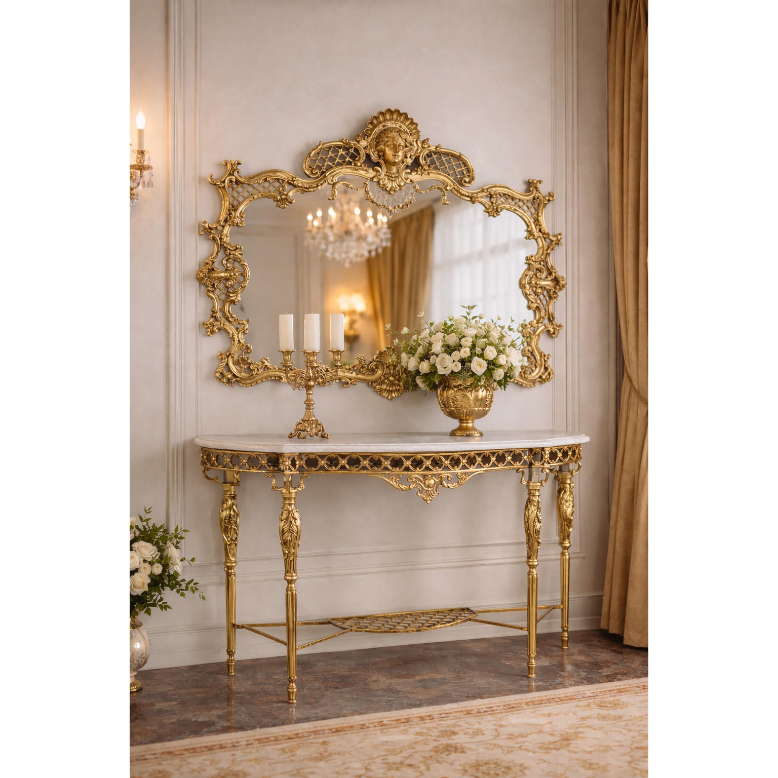 Consola Rococo Set consola si oglinda Rococo din bronz masiv aurit cu blat din marmura ...