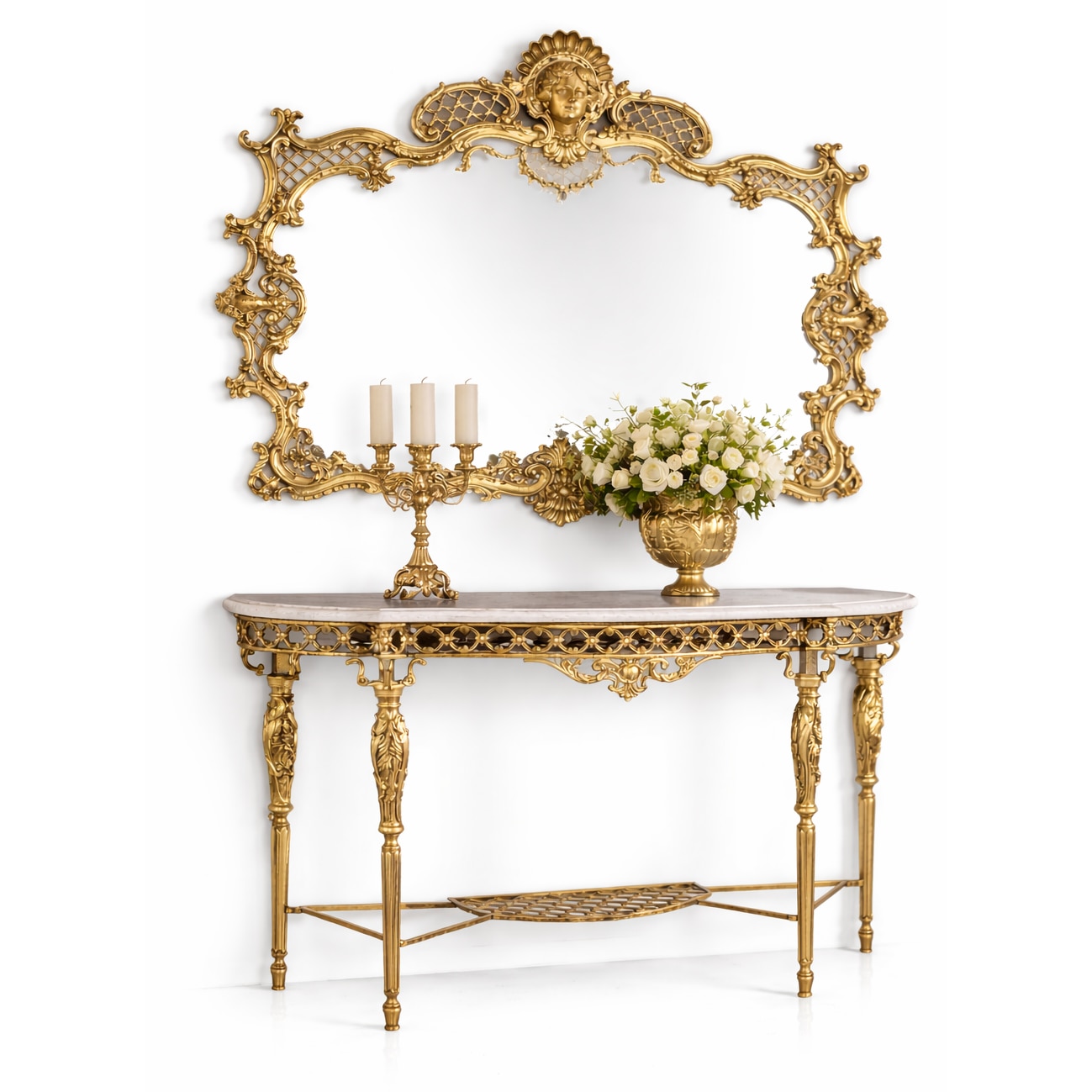 Consola Rococo Set consola si oglinda Rococo din bronz masiv aurit cu blat din marmura ...