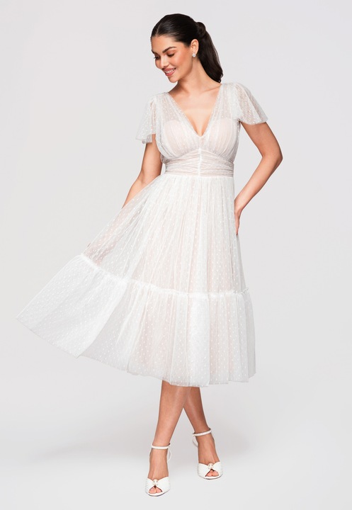 LARICA Rochie Midi Evazata, cu Decolteu in V si Tulle cu Model Delicat, Alb