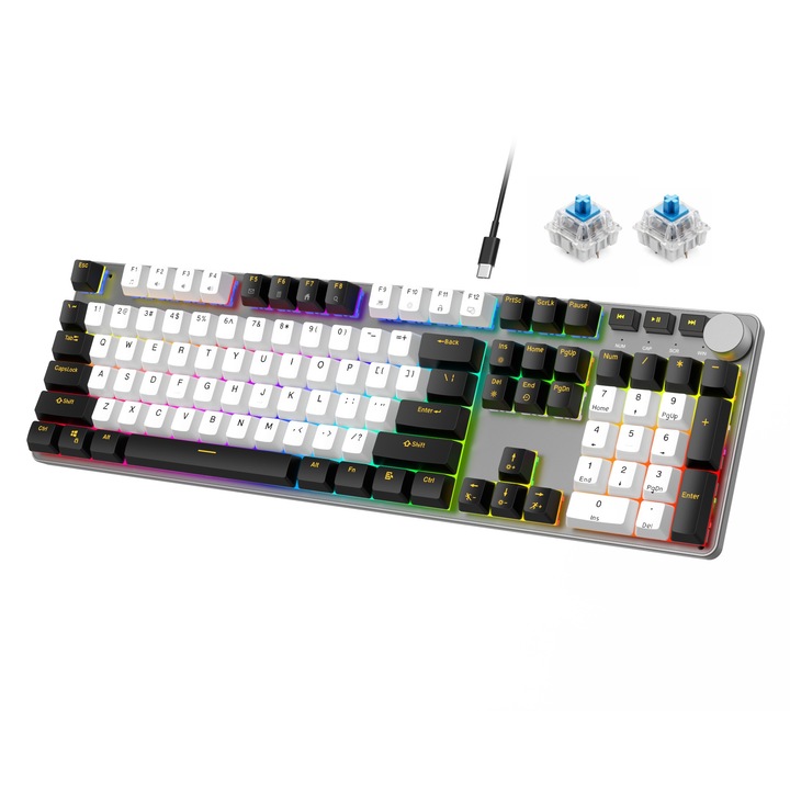 Tastatură mecanică BuzzleB D1 Gaming Full Size, 107 taste, switch-uri Blue, iluminare RGB, multicolor