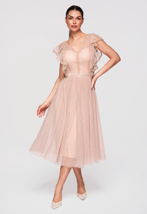 LARICA Rochie midi evazata, cu detalii din dantela si maneci scurte cu volane, ideala pentru evenimente speciale, Nude