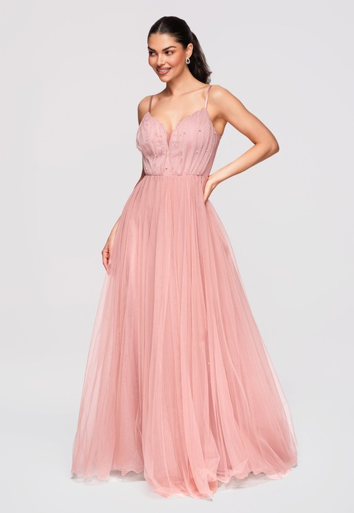 LARICA Rochie Maxi Eleganta, Croiala Clos, Detalii Tulle si Aplicatii Delicate, Roz