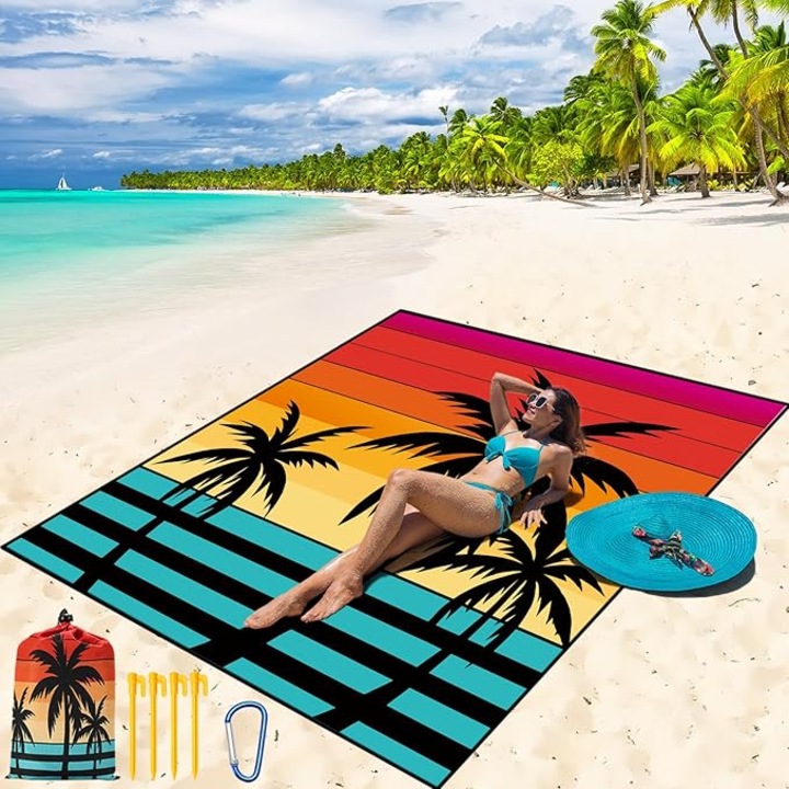 Covoras de plaja impermeabil si rezistent la nisip, 1, 8 m x 2, 1 m, potrivit pentru 4-6 adulti, covoras de picnic pentru exterior cu uscare rapida, ideal pentru calatorii, camping si drumetii