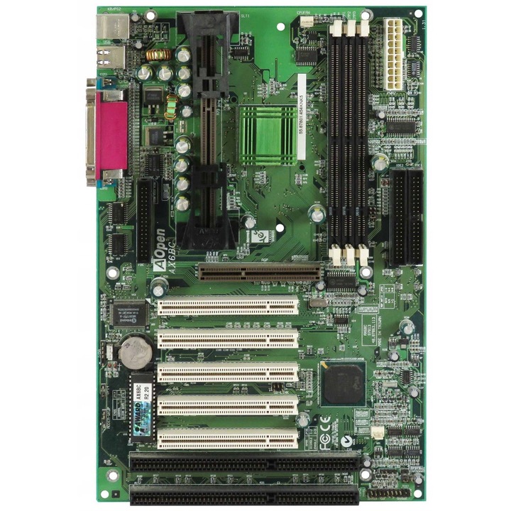 Aopen AX6BC alaplap, Slot 1, 3 RAM foglalat, 5 PCI, 2 ISA, ATX