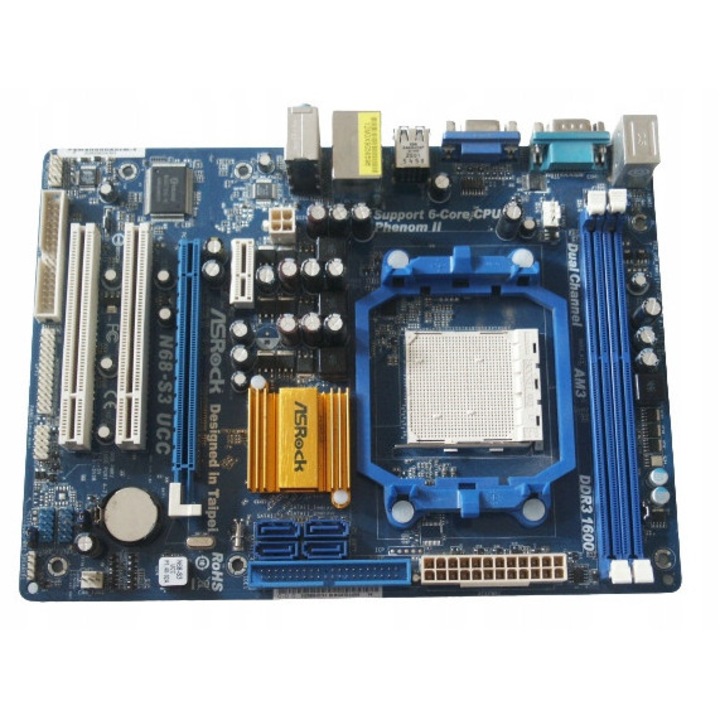 ASRock N68-S3 UCC Micro ATX alaplap, AMD Socket AM3, 8GB DDR3, 180x245mm, kék