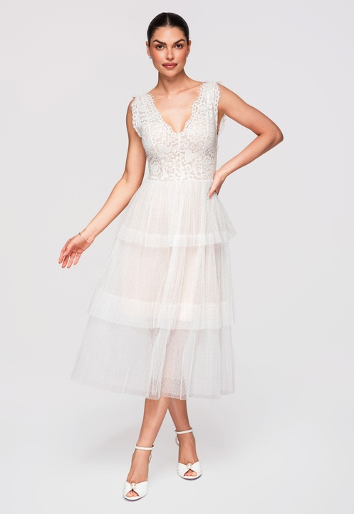 LARICA Rochie Cocktail Midi Dantela si Tulle Eleganta, Croiala Fit & Flare, Alb