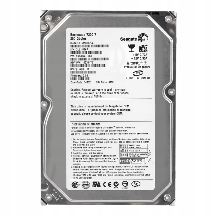 Hard Disk 3.5'' Seagate Barracuda 7200.7 200GB 7200RPM 2MB ATA