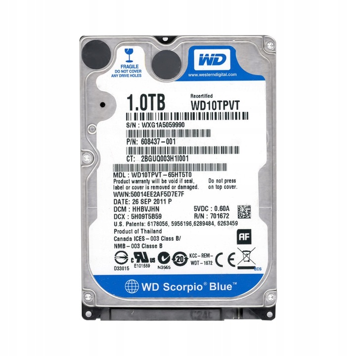Hard Disk 2.5" Western Digital WD10TPVT 1000 GB SATA II 5200 rpm, 8 MB, 100.2x69.85x12.5cm