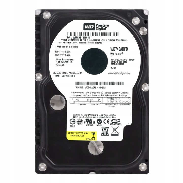 Hard Disk 74GB Western Digital Raptor 10000rpm SATA 3,5"