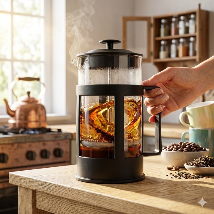 Infuzor ceai si cafea French Press Ruhhy, 1L, Sticla si Inox, Negru/Argintiu