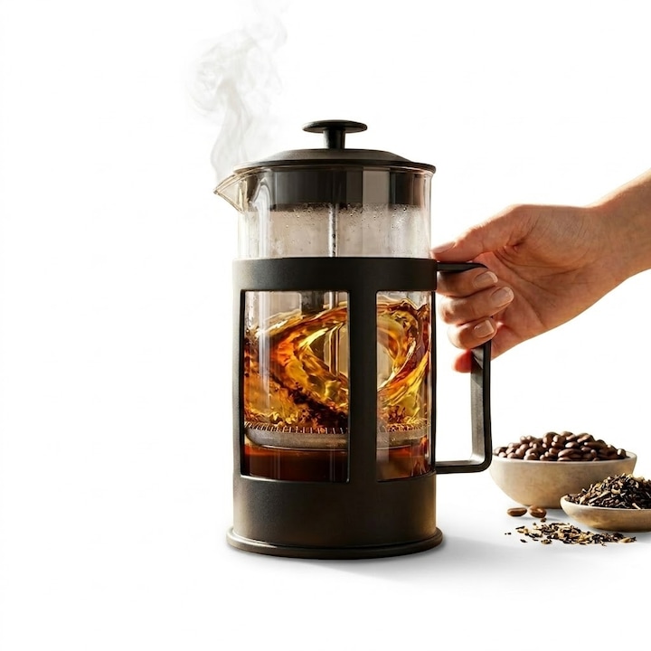 Infuzor ceai si cafea French Press Ruhhy, 1L, Sticla si Inox, Negru/Argintiu