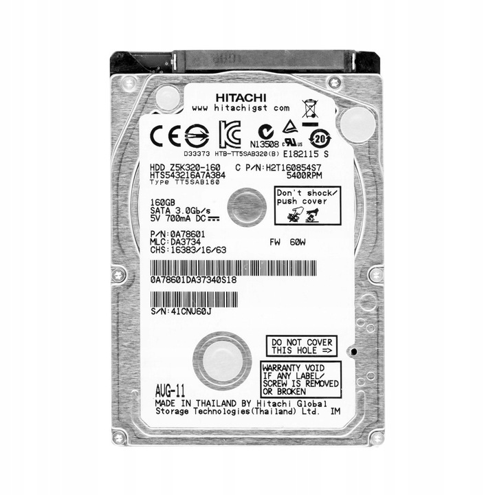 Merevlemez 160GB, Hitachi, 5400RPM, SATA II, 2.5''