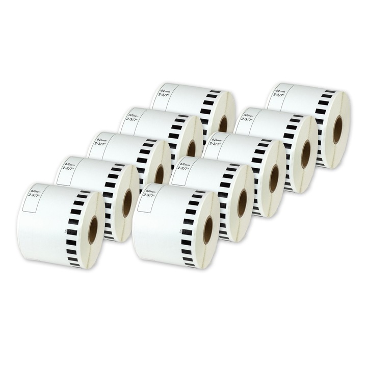 Banda etichete pentru Brother DK-22205, 62mm x 30,48m, set 10 bucati, alb cu negru, fara suport