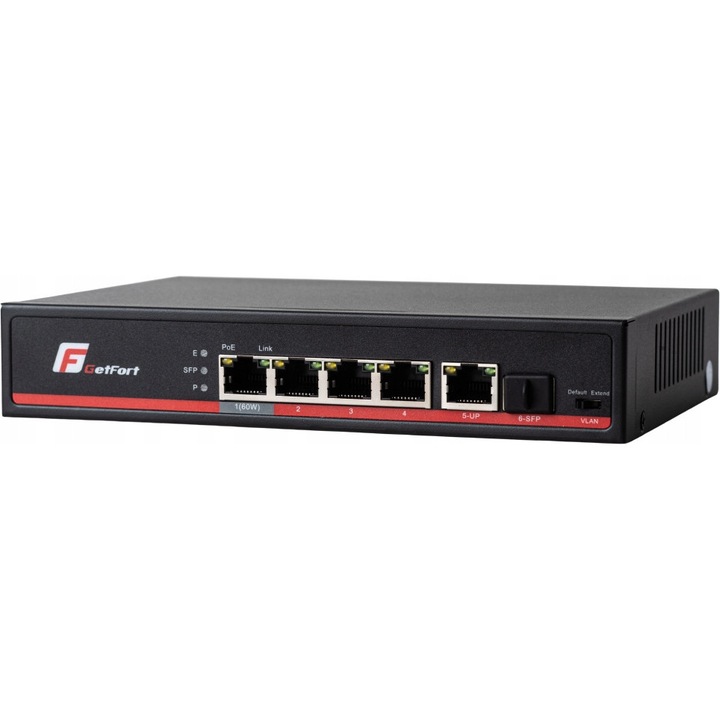 GetFort 5 portos Gigabit PoE switch, 65W, 4 PoE port, 1 SFP port, 190x130x35mm