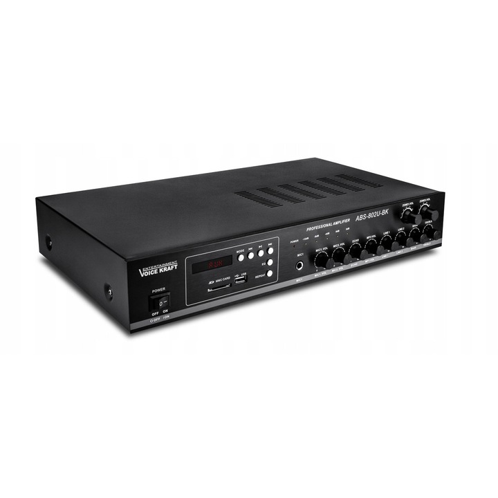 Amplificator Voice Kraft ABS-802U, 2 zone, 100W, negru, 43x24x7cm, set complet