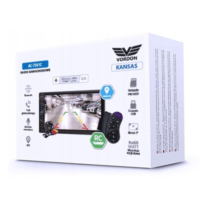 Radio auto Vordon AC-7201C Kansas, GPS, Bluetooth, 7", 4x60W, negru, 2 DIN