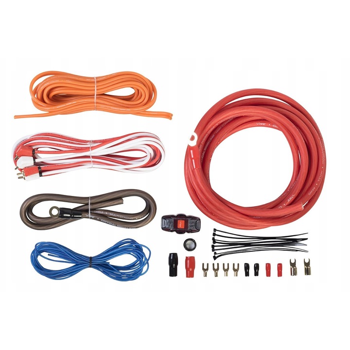 Set cabluri amplificator Vibe 4 AWG, 5m cab de alimentare, 1m cab masa, 5m cab RCA, 2x5m cab speaker, 80A siguranta, multicolor