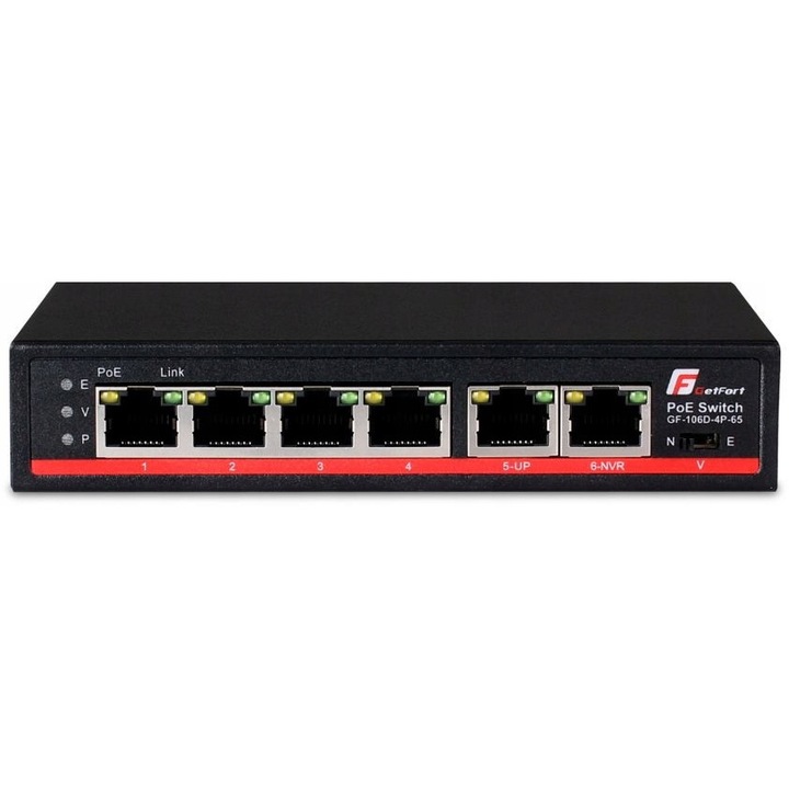 Switch PoE GetFort 4+2 porturi Gigabit, 65W, 1000Mbps, 190x130x35mm