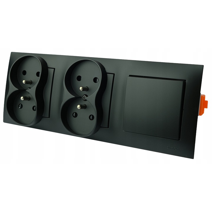 Gniazdo electric cu intrerupator de lumina Simon 54 Premium, 2 guri, negru mat, dimensiuni 8,7x23x1cm