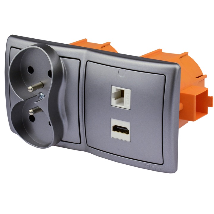 Gniazdo subtire HDMI, RJ-45, 2 gniazda 230V, inox, 7,8x7,8x1cm