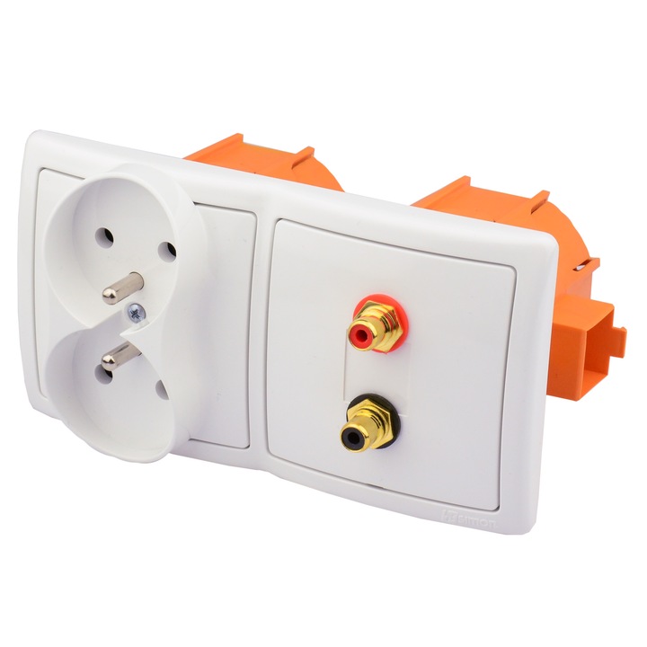 Prize subtire Simon Basic, 2 gniazda RCA, 2 gniazda 230V, alb, 7,8x7,8x1cm