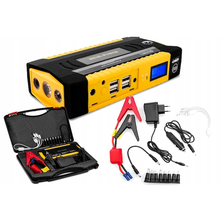 Dispozitiv de pornire auto Jump Starter 12V, 300A, 16800mAh, cu lanterna, compas, set complet