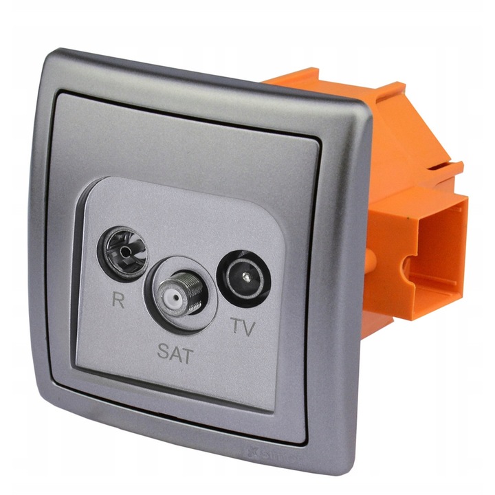Gniazdo RTV SAT, SIMON, inox, 1 gniazdo R, 1 gniazdo SAT, 1 gniazdo TV, 7,8x7,8x1cm