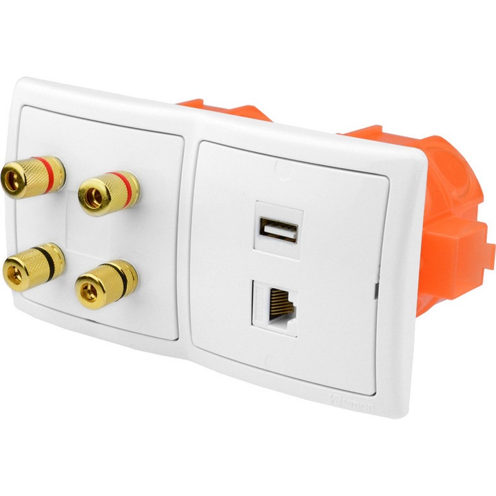 Контакт SIMON, 1 USB 2.0, 1 RJ-45 cat.6, 4 контакта за високоговорители, бял, 7,8x7,8x1см