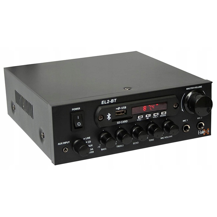 Amplificator stereo Elektron 0096, 2x100W, USB, SD, 2 intrari microfon, 26x20x7cm