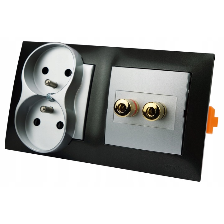 Gniazdo scienna cu 2 guri pentru difuzoare si alimentare 230V, Simon 54 Premium, antracit, 8,7x15,3x1cm