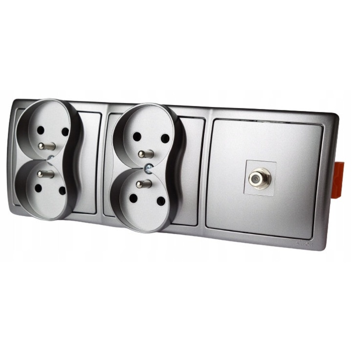 Gniazdo F televizor cu 4 gniazduri 230V, Simon Basic, inox, 7,8x22,2x1cm