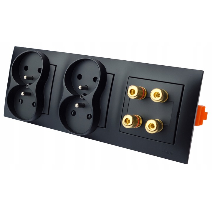 Gniazdo glosnikowe 4G, Simon 54 Premium, 4 gniazda, 2 gniazda 230V, negru mat, 8,7x23x1cm