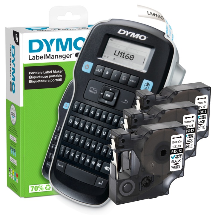 Imprimanta etichete Dymo LabelManager LM-160, set cu 3 benzi 12mm, alb/negru