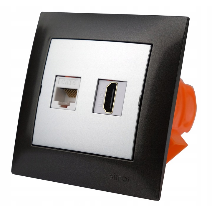 Gniazdo subtire HDMI si RJ-45, Simon, antracit, 8,7x8,2x1cm
