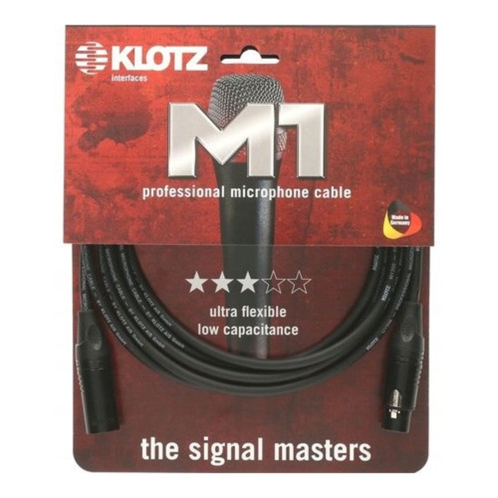 Klotz M1 XLR mikrofonkábel, 10m, 60 pF/m, réz spirál árnyékolás, fekete