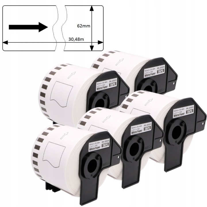 Set 5 benzi etichete DK-22205, 62mm x 30,48m, alb, negru