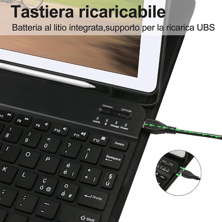 Etui cu tastatura Bluetooth pentru iPad 10.2", set cu cablu USB, negru