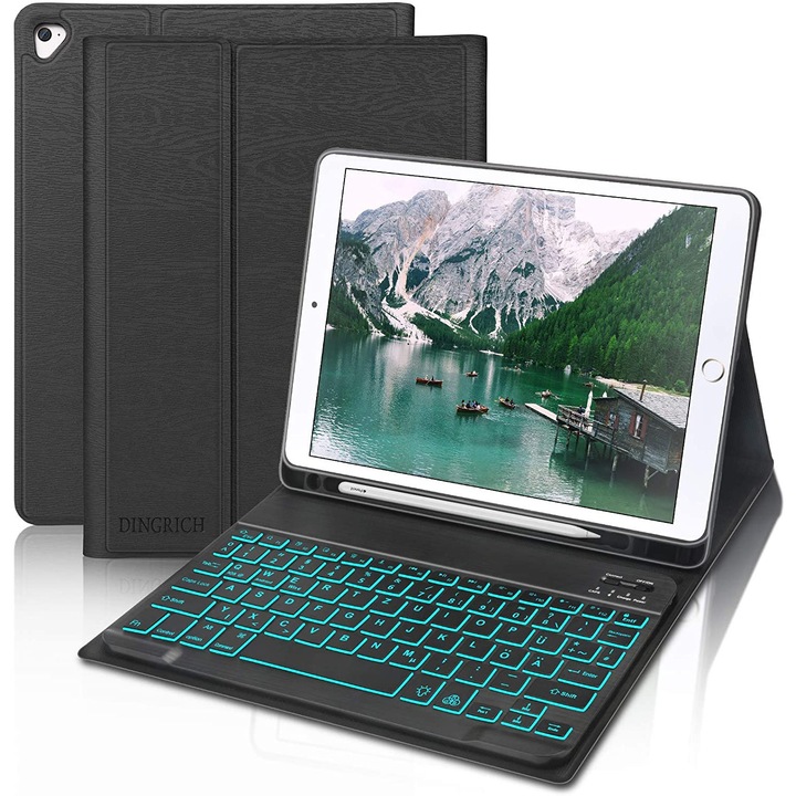 Etui cu tastatura Bluetooth pentru iPad 10.2", set cu cablu USB, negru