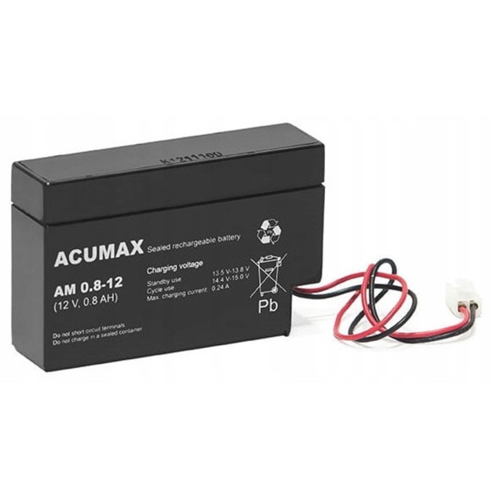 Acumax AM 0.8-12 12V 0.8Ah AGM akkumulátor, karbantartásmentes, méretek 96x25x62mm