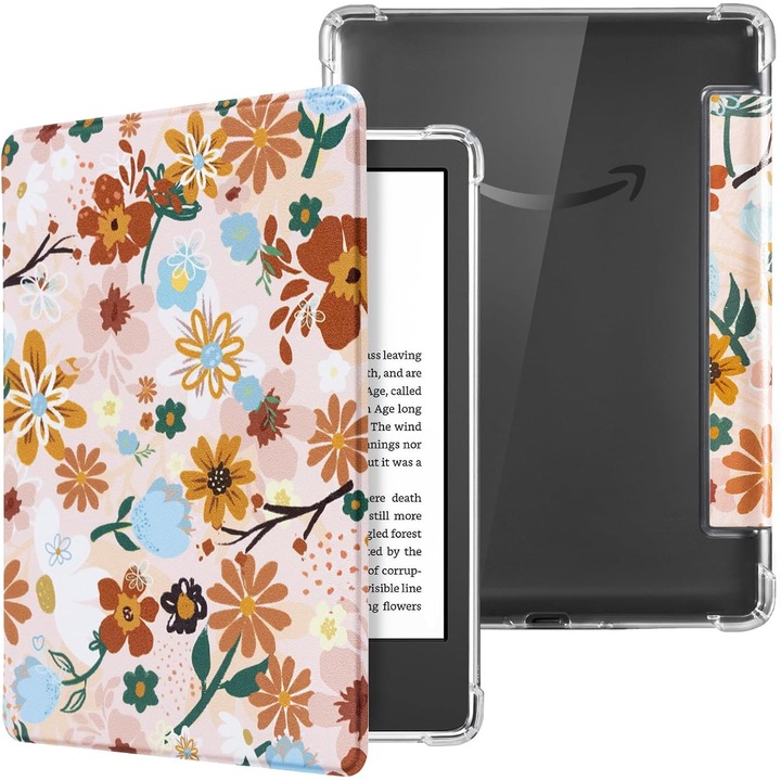 Калъф за Kindle, CoBak, прозрачен, светещи цветя, кожа, функция за автоматично заспиване/събуждане