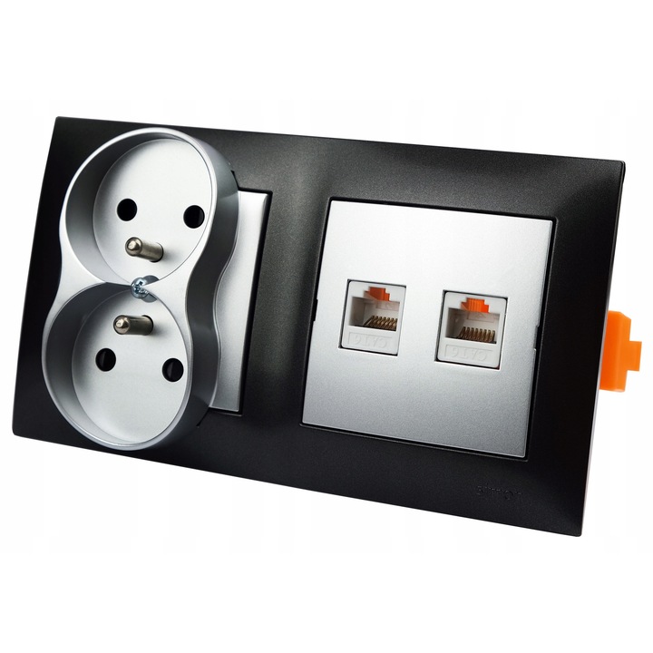 Стенен контакт, комплект 2 RJ-45, 2 контакта 230V, Simon 54 Premium, антрацит, 8,7x15,3x1см