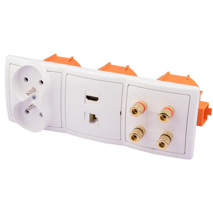 Gniazdo scienna 4 glosnikowe, SIMON, HDMI, RJ-45, 230V, alb, 7,8x7,8x1cm