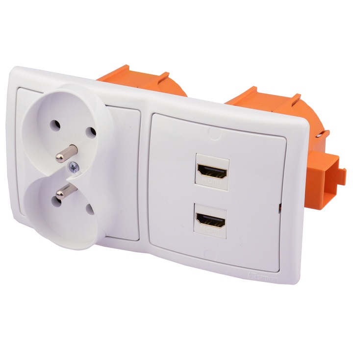 Prize subtire SIMON, 2 gniazda HDMI, 2 gniazda 230V, alb, 7,8x7,8x1cm