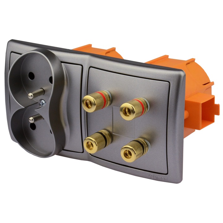 Gniazdo scienna cu 4 gniazda glosnikowe si 1 gniazdo zasilajace 230V, Kontakt Simon, inox, 7,8x7,8x1cm