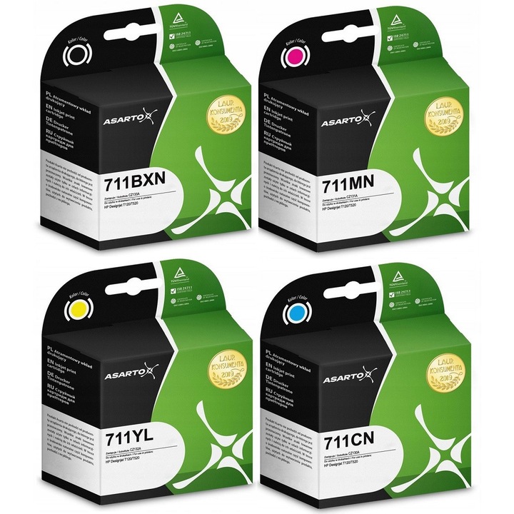 Asarto tintapatron készlet 4 db HP 711-hez, színek: fekete, piros, kék, sárga, 80ml