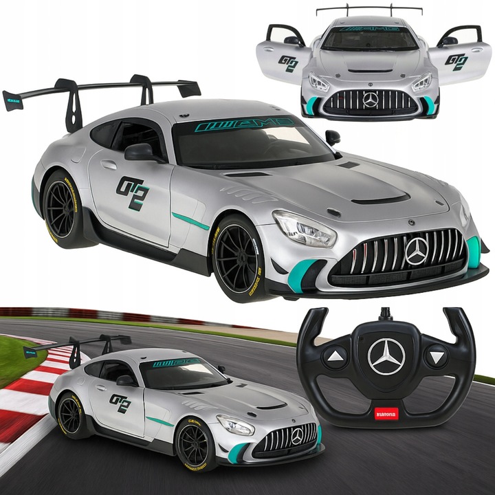 Masina de jucarie Mercedes-AMG GT2 RASTAR 1:14, cu usi deschise, lumini LED, gri, 33,4x14,8x10cm