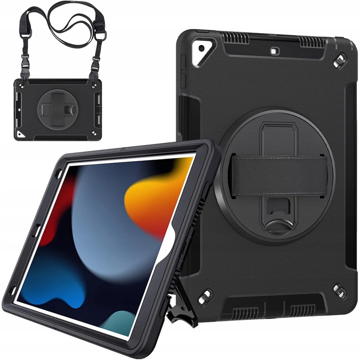 Husa tableta JETech pentru iPad 10,2'', 9/8/7 generatie, 360° suport, curea de umar, neagra