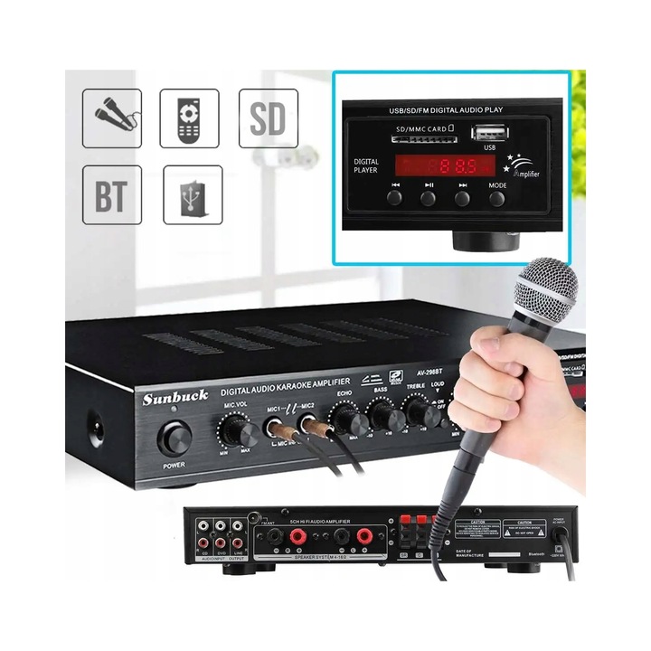 Amplificator stereo Bluetooth, 2 canale, MP3, negru, 23x33x6,3cm