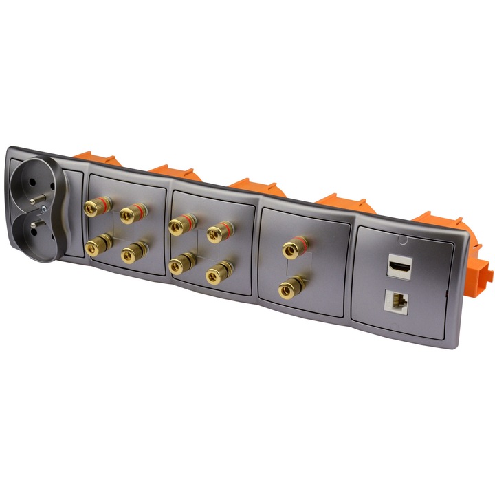 Gniazdo scienna 10 gniazde glosnikowe, HDMI, RJ-45, 230V, inox, 7,8x7,8x1cm